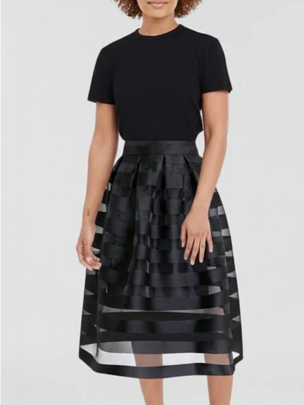 Oakridge Black Striped Organza Pleated A-Line Midi Skirt Lined UK 12 US 8